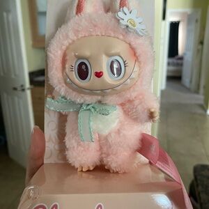 Cute Pink Labubu Plush Key chain pendant close to Sweet